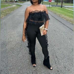 Elegant Black Ruffle 2 Piece Pant Set